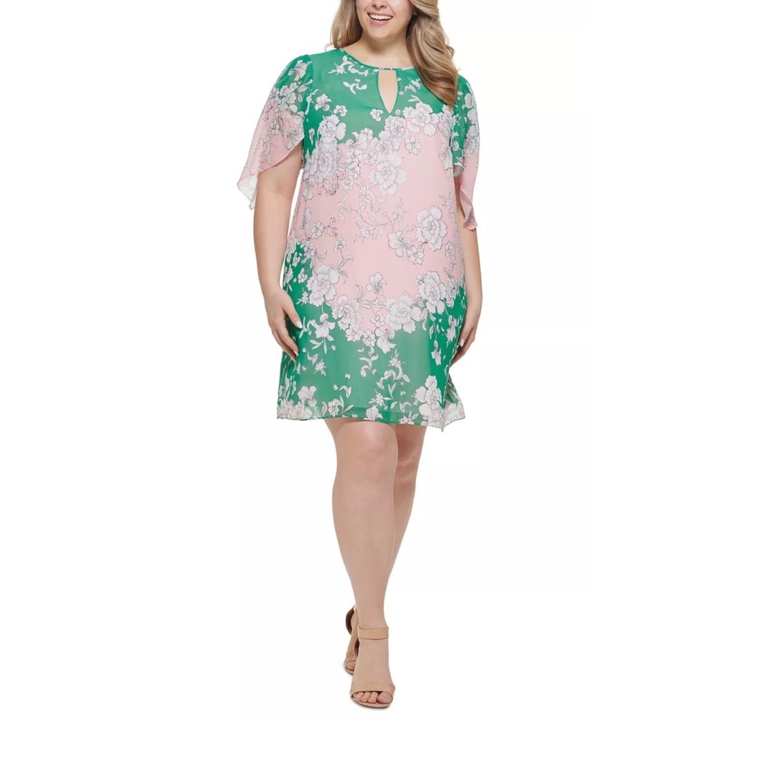 Vince Camuto Plus Size Floral A-Line Dress 18W Green Pink Flutter Sleeves: Vince Camuto Plus Size Floral A-Line Dress 18W Green Pink Flutter Sleeves Elevate your wardrobe with this stunning plus size floral-print A-line dress by Vince Camuto. This dress features a beautiful 