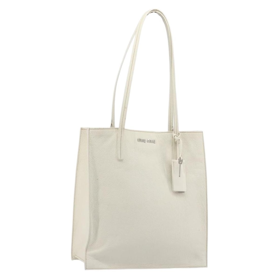 Miu Miu White Silver Leather Tote Bag with Dust Bag: Miu Miu White Silver Leather Tote Bag with Dust Bag Pre-owned Miu Miu tote bag in white and silver leather with dual handles and an included dust bag. Made in Italy, this women's tote shows heavy use,