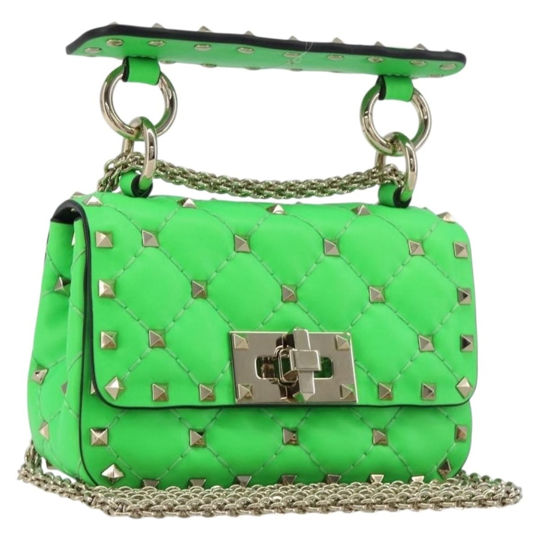 VALENTINO Micro Rockstud 2way Leather Shoulder Bag Green Gold Tone: VALENTINO Micro Rockstud 2way Leather Shoulder Bag Green Gold Tone Valentino Micro Rockstud 2-way shoulder bag in green leather with gold-tone accents. Made in Italy, this women's bag features a compa