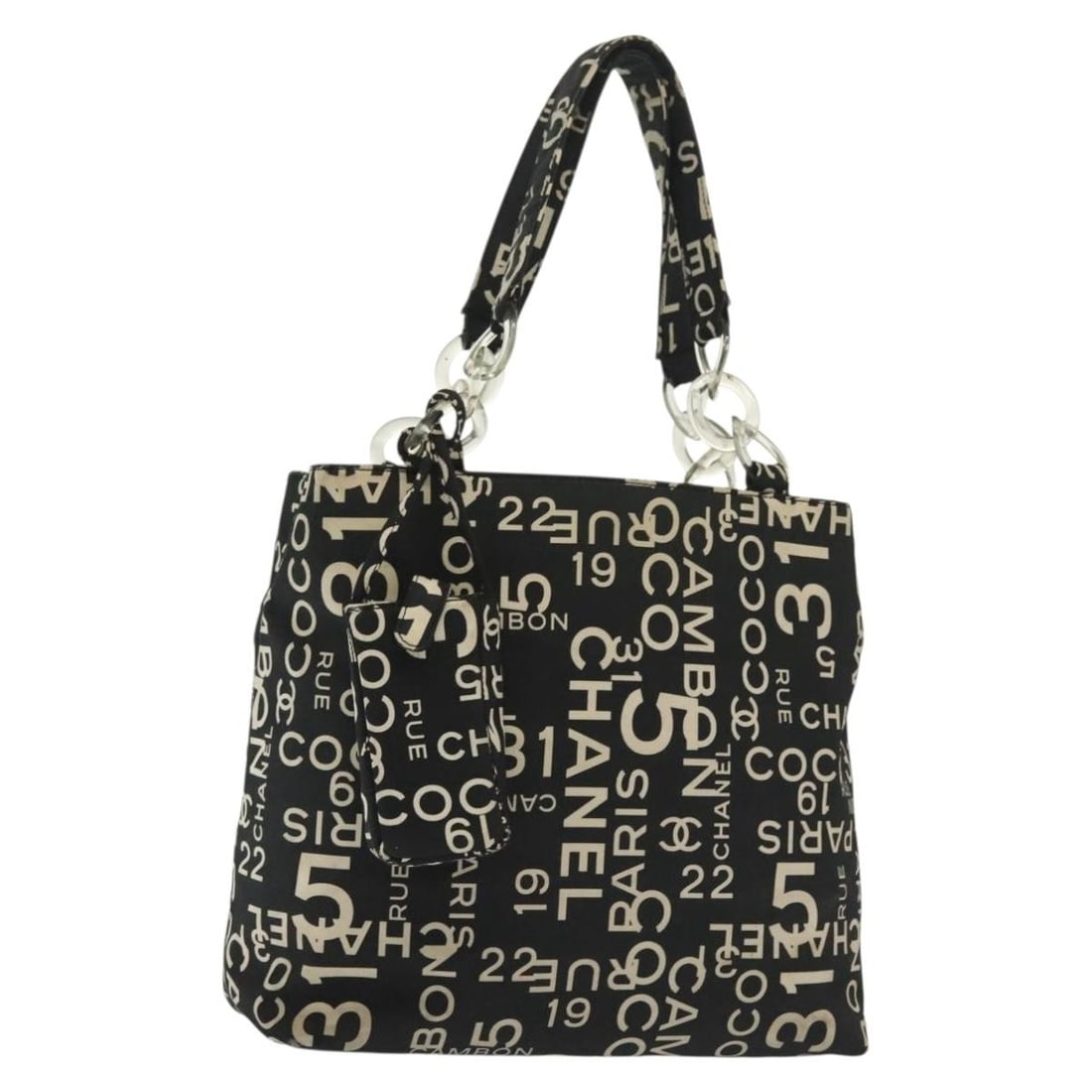CHANEL Bysy Line Canvas Shoulder Bag Black Silver with Pouch: CHANEL Bysy Line Canvas Shoulder Bag Black Silver with Pouch Chanel Bysy Line shoulder bag in black canvas with silver-tone CC detailing. Made in Italy, this women's shoulder bag includes a pouch. Con