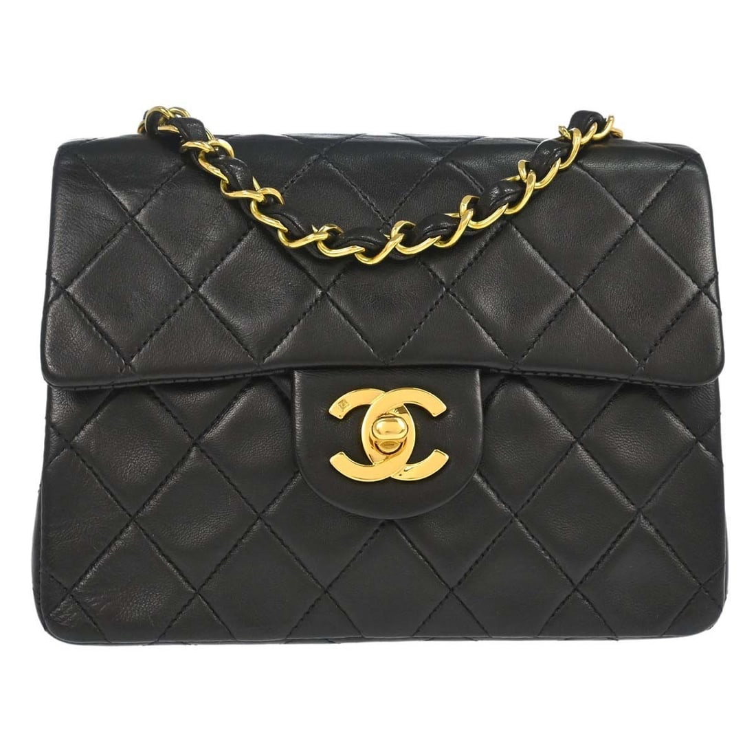 CHANEL Classic Flap Mini Square Shoulder Bag Black Lambskin: CHANEL Classic Flap Mini Square Shoulder Bag Black Lambskin Chanel Classic Flap Mini Square shoulder bag in black lambskin leather with matelasse quilting and a flap turnlock closure. This small shoul
