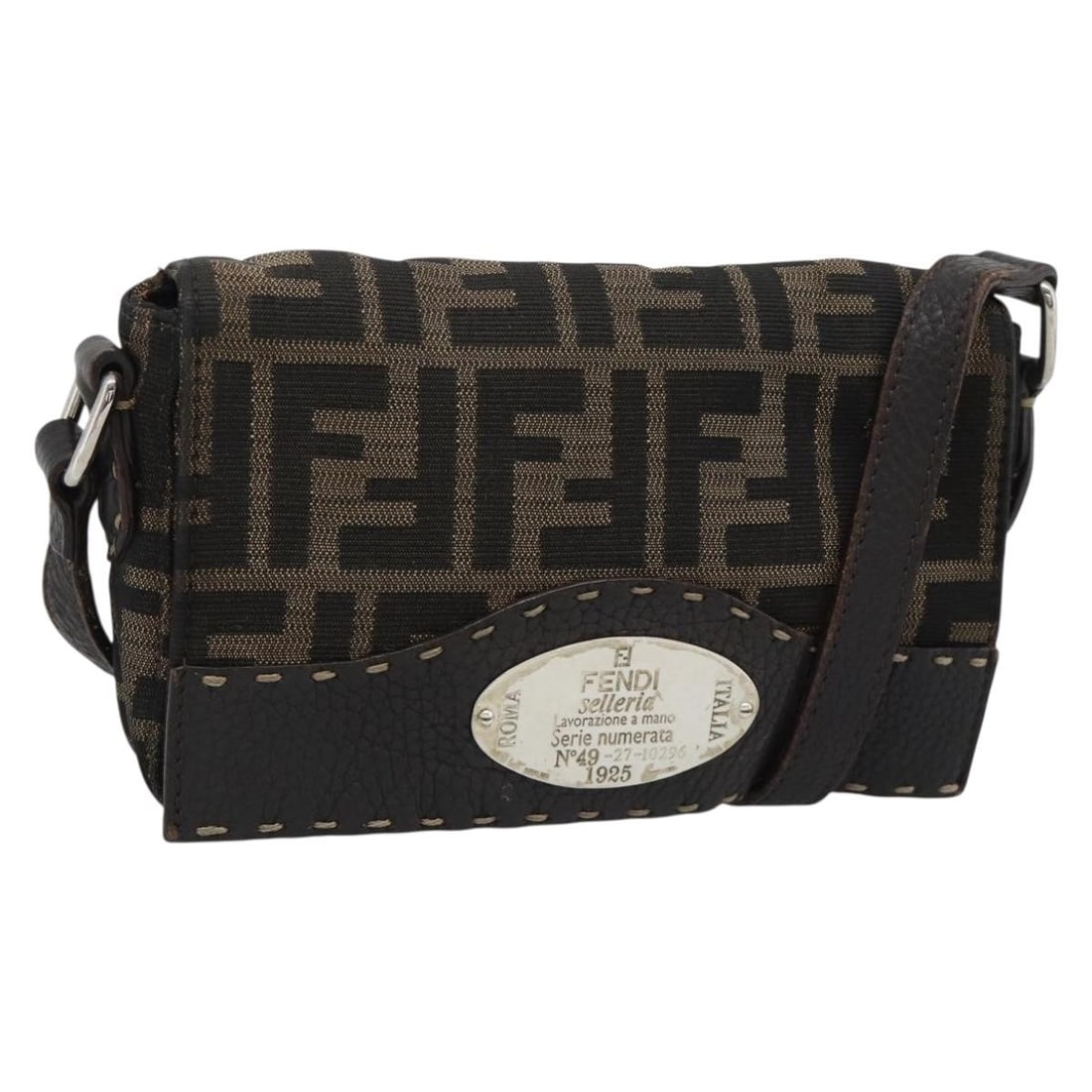 Fendi Zucca Canvas Shoulder Bag Black Brown Silver Womens: Fendi Zucca Canvas Shoulder Bag Black Brown Silver Womens Authentic FENDI shoulder bag in black, brown, and silver Zucca canvas. This women's bag is made in Italy and features a compact profile with a