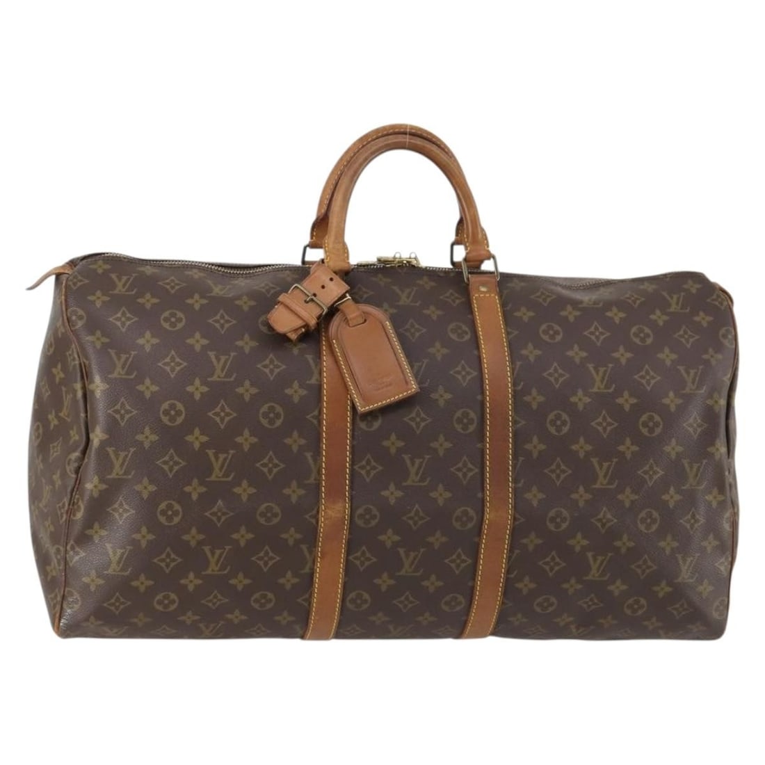 Louis Vuitton M41424 Keepall 55 Monogram Canvas Boston Bag: Louis Vuitton M41424 Keepall 55 Monogram Canvas Boston Bag Authentic Louis Vuitton Keepall 55 Boston bag in Monogram canvas. This women's travel bag includes a name tag and Powanie. Condition is heavi