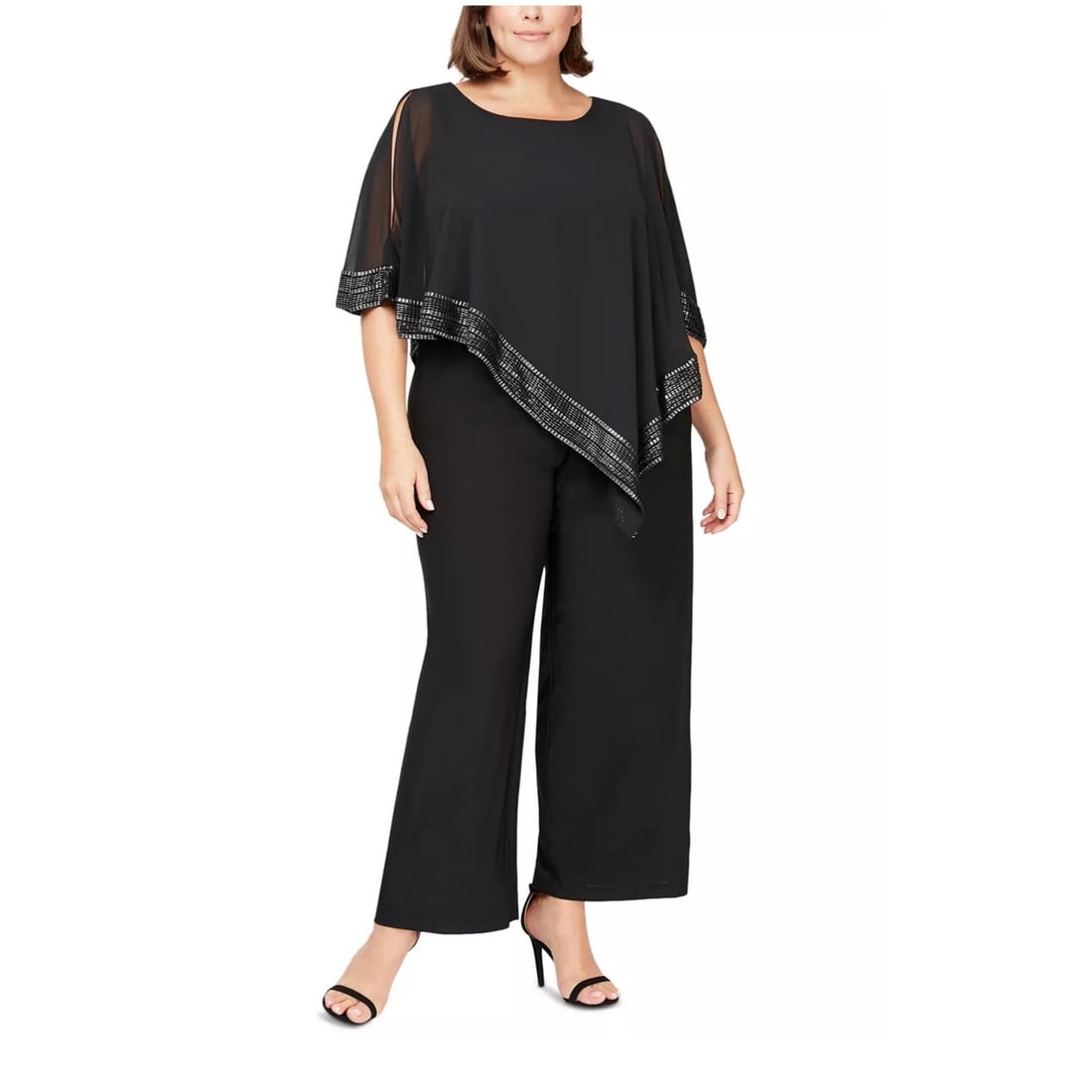 SL Fashions Plus Size Black Asymmetrical Jumpsuit 20W Floral Overlay: SL Fashions Plus Size Black Asymmetrical Jumpsuit 20W Floral Overlay Elevate your style with this stunning Plus Size Asymmetrical-Overlay Jumpsuit from SL Fashions, designed for contemporary elegance 