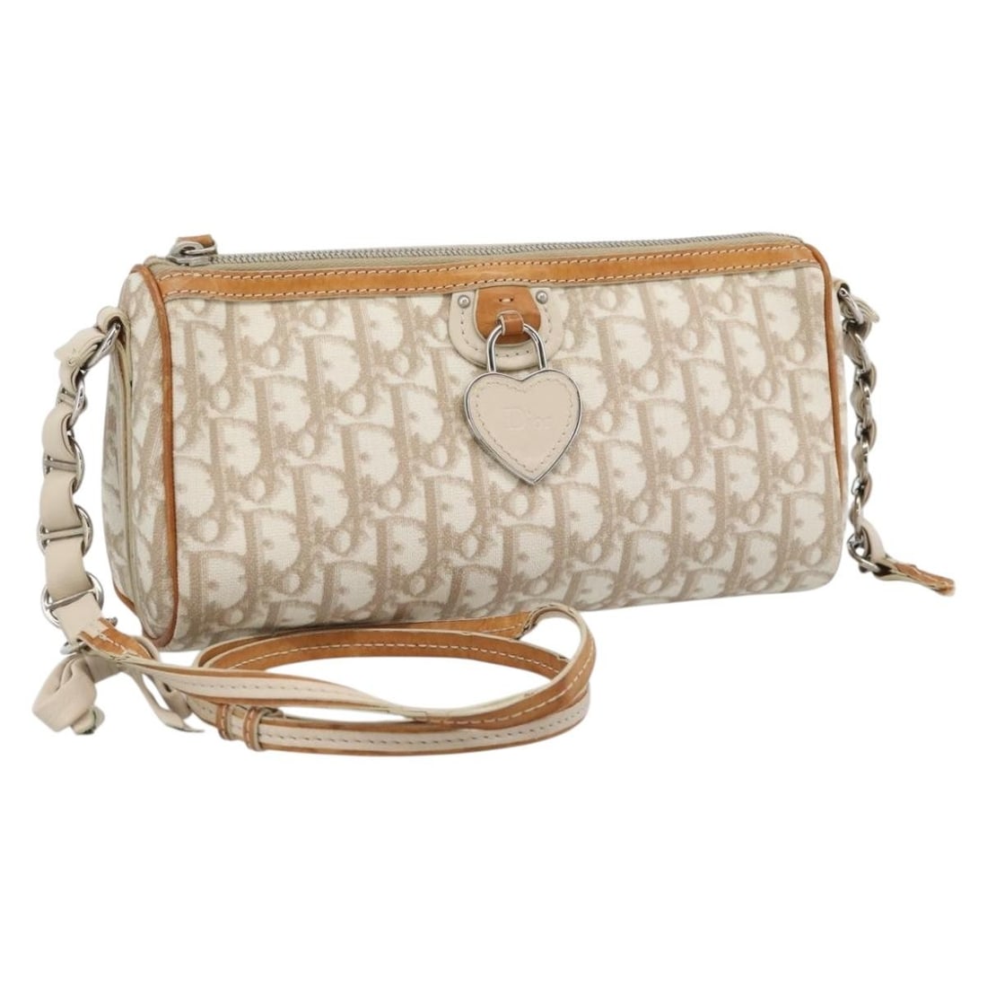 Christian Dior Romantic Shoulder Bag in Beige Silver Trotter Canvas: Christian Dior Romantic Shoulder Bag in Beige Silver Trotter Canvas Christian Dior shoulder bag in beige and silver Trotter canvas. This women's bag includes a dust bag and guarantee card. It shows he