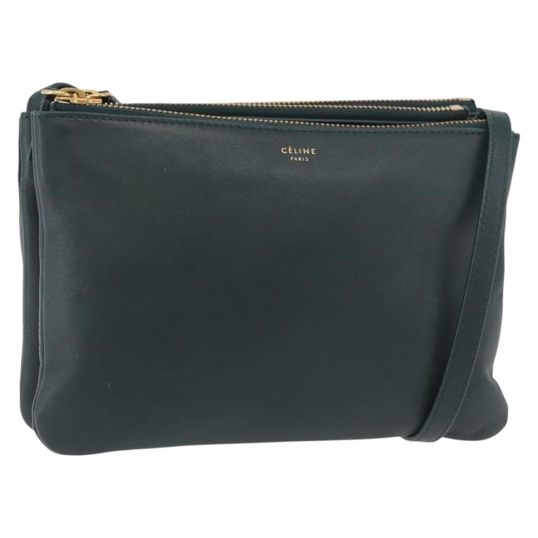 CELINE Trio green leather shoulder bag with gold tone hardware: CELINE Trio green leather shoulder bag with gold tone hardware Celine Trio shoulder bag in green leather with gold-tone accents. Made in Italy, this women's shoulder bag includes only the item shown a