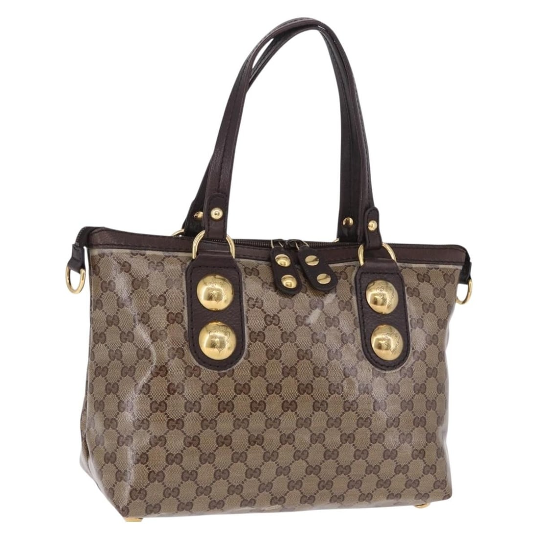 Gucci 207285 Histeria GG Crystal Tote in Beige Gold Coated Canvas: Gucci 207285 Histeria GG Crystal Tote in Beige Gold Coated Canvas Gucci GG Crystal Histeria tote bag in beige and gold tone coated canvas. This women's tote is made in Italy and features a spacious ev