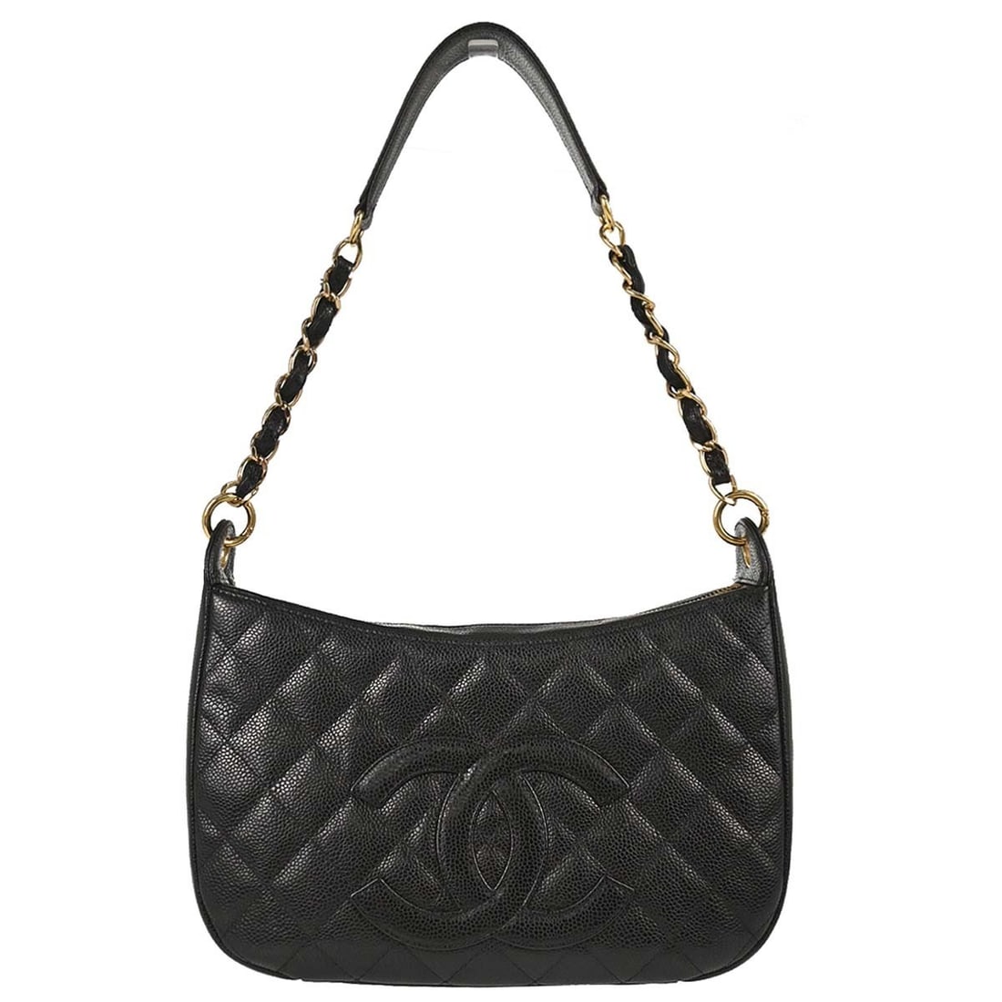 CHANEL Caviar Black Hobo Bag in Calfskin Leather: CHANEL Caviar Black Hobo Bag in Calfskin Leather Chanel black hobo handbag in caviar skin leather with a top handle and zip closure. It features a canvas lining, logo accents, one exterior pocket, and