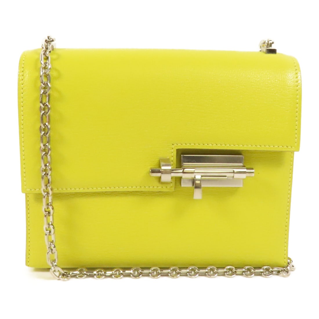 HERMES Verrou Mini Chevre Goatskin Shoulder Bag Lime PHW: HERMES Verrou Mini Chevre Goatskin Shoulder Bag Lime PHW Hermes Verrou Mini shoulder bag in lime and yellow Chevre goatskin leather with palladium-tone hardware. Made in France, this women's shoulder 