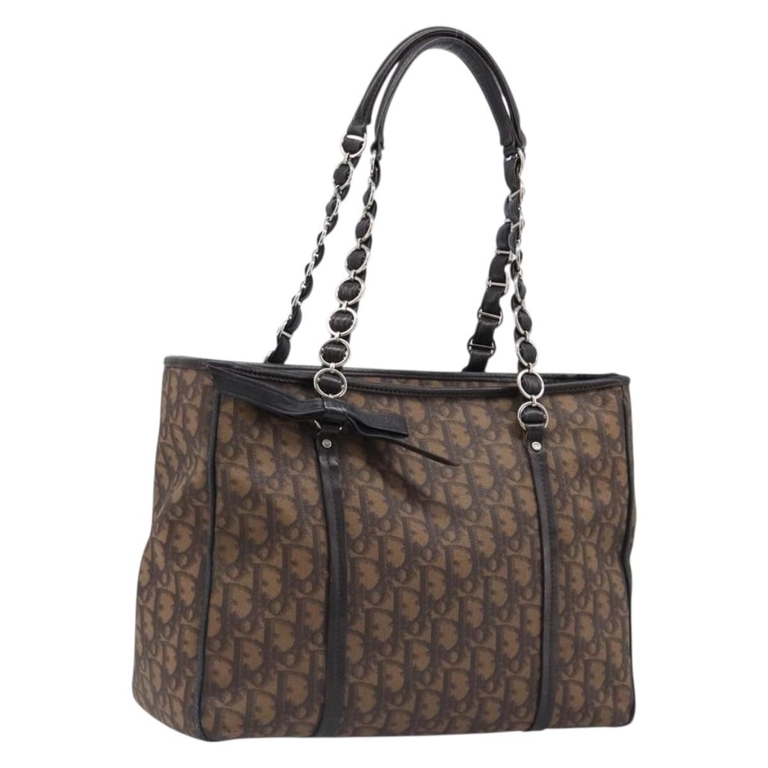Christian Dior Trotter Tote Bag Brown PVC Leather Chain Handle: Christian Dior Trotter Tote Bag Brown PVC Leather Chain Handle Christian Dior Trotter canvas chain tote bag in brown and silver with PVC leather construction. Made in Italy, this women's bag includes 