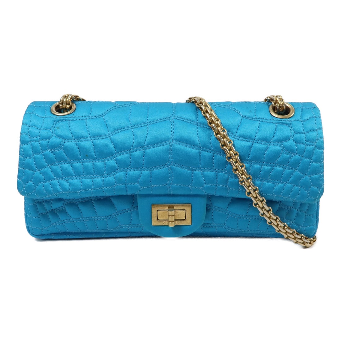 CHANEL 2.55 East West Blue Satin Chain Shoulder Bag CC GHW: CHANEL 2.55 East West Blue Satin Chain Shoulder Bag CC GHW Chanel 2.55 East West chain shoulder bag in blue satin with CC turn-lock closure and chain strap. This women's shoulder bag features an exter