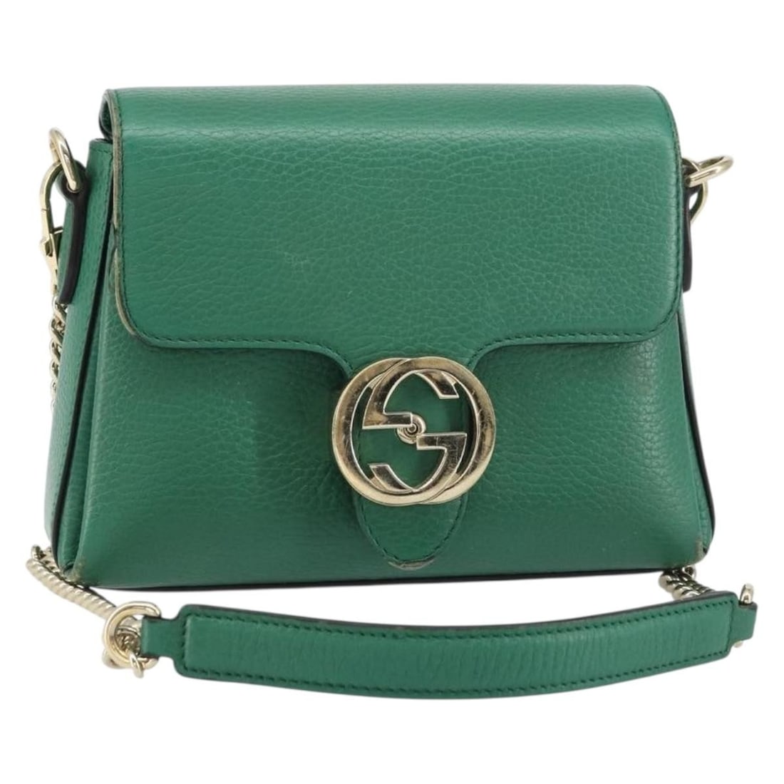 GUCCI 607720 Interlocking G Leather Shoulder Bag Green Gold: GUCCI 607720 Interlocking G Leather Shoulder Bag Green Gold Gucci Interlocking G chain shoulder bag in green leather with gold-tone accents. This women's shoulder bag is made in Italy and features a c