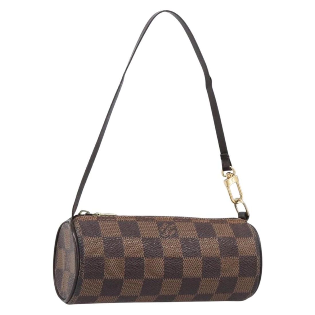 Louis Vuitton Papillon Pouch in Damier Ebene Canvas France: Louis Vuitton Papillon Pouch in Damier Ebene Canvas France Louis Vuitton Papillon pouch in Damier Ebene canvas with a compact cylindrical silhouette. This women's pouch is made in France and shows hea
