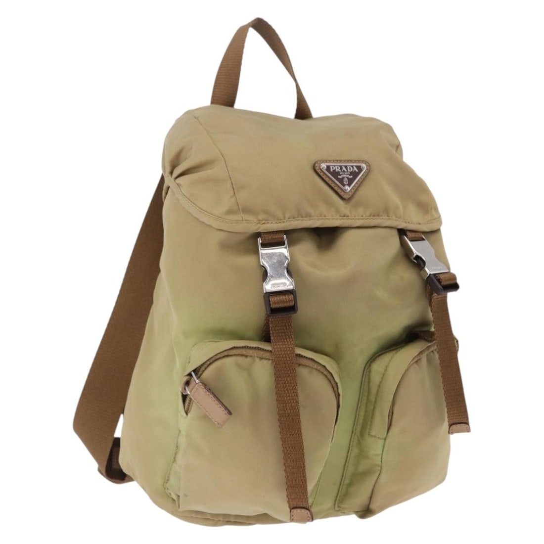 PRADA Beige Silver Nylon Backpack Made in Italy: PRADA Beige Silver Nylon Backpack Made in Italy Authentic Prada women's backpack in beige and silver nylon, made in Italy. This heavily used bag shows visible wear throughout, including loss of shape,