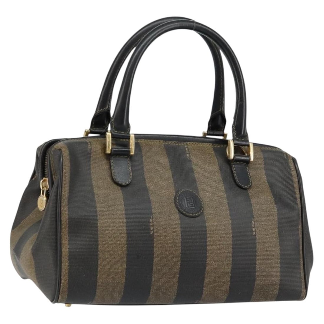 Fendi Black Brown PVC Leather Hand Bag Made in Italy: Fendi Black Brown PVC Leather Hand Bag Made in Italy This Fendi hand bag showcases a sophisticated blend of black and brown PVC leather with Pequin canvas accents, embodying the luxury and craftsmansh