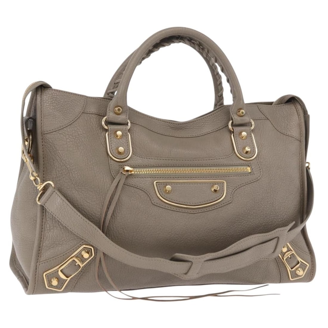BALENCIAGA 390154 City 2way Leather Handbag Beige Gold Tone: BALENCIAGA 390154 City 2way Leather Handbag Beige Gold Tone Balenciaga Classic Metallic Edge City 2-way bag in beige leather with gold-tone accents. Designed for women, this Italian-made handbag inclu