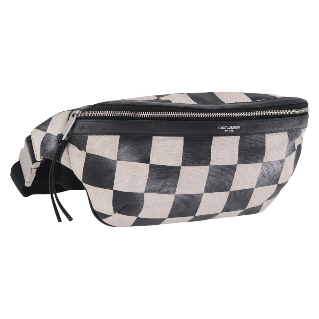 SAINT LAURENT Coated Canvas Waist Bag White Black Italy: SAINT LAURENT Coated Canvas Waist Bag White Black Italy Saint Laurent waist bag in white and black coated canvas. Made in Italy, this women's bag includes the item only; the item box and dust bag are 