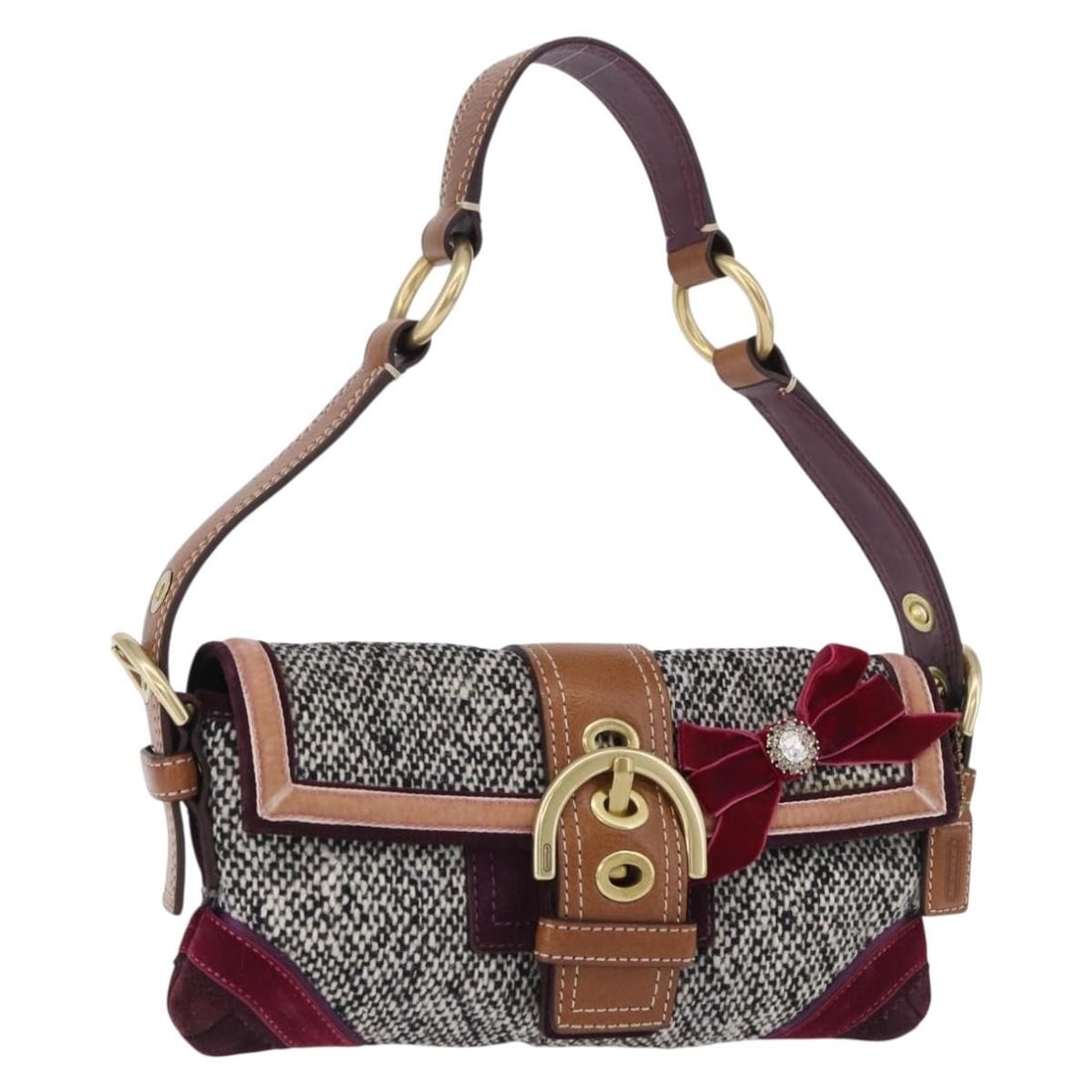 Coach Soho wool handbag multicolor gold tone with dust bag: Coach Soho wool handbag multicolor gold tone with dust bag Coach Soho One Belt Hand Bag in multicolor and gold wool. This women's handbag is made in Turkey and comes with a dust bag. Condition is AB (