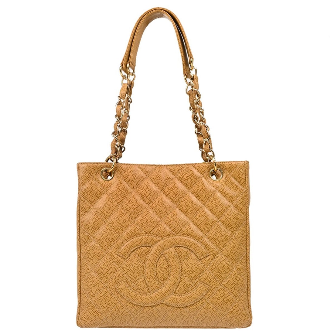 CHANEL Petite Shopping Tote beige caviar leather chain shoulder bag: CHANEL Petite Shopping Tote beige caviar leather chain shoulder bag Chanel Petite Shopping Tote PST chain handbag in beige caviar skin leather with a quilted exterior, magnetic closure, and canvas lin