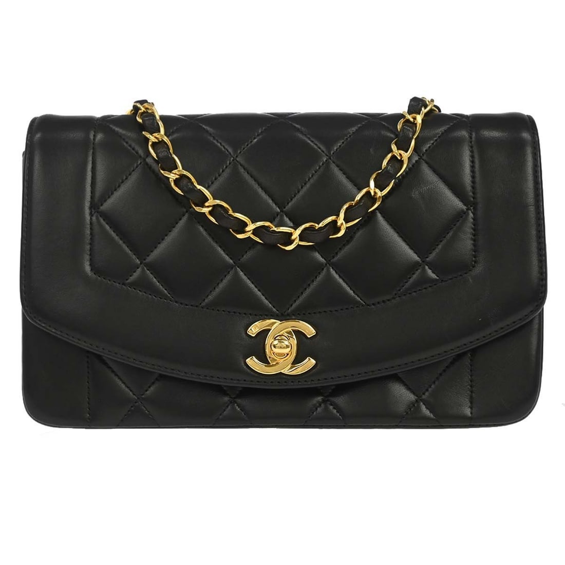 CHANEL Diana Small Black Lambskin Shoulder Bag: CHANEL Diana Small Black Lambskin Shoulder Bag Chanel Small Diana shoulder bag in black lambskin with a shoulder strap and canvas lining. This women's bag features interior pockets and comes with a se