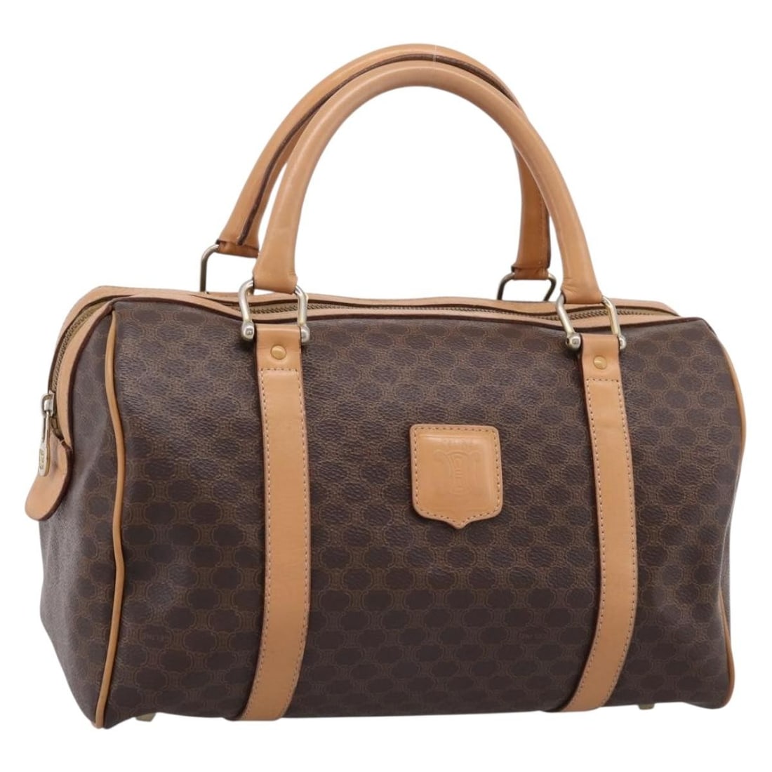 CELINE Macadam Boston Bag Brown PVC Leather Italy: CELINE Macadam Boston Bag Brown PVC Leather Italy Authentic CELINE Macadam canvas Boston bag in brown with gold-tone accents and PVC leather trim. Made in Italy, this women's handbag features a classi