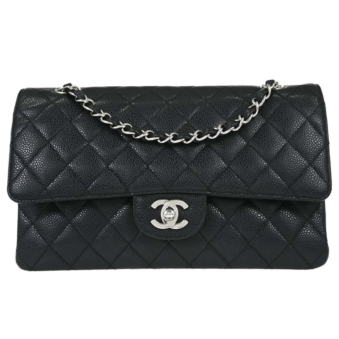 CHANEL Classic Double Flap Medium Shoulder Bag Black Caviar Leather: CHANEL Classic Double Flap Medium Shoulder Bag Black Caviar Leather Chanel Classic Double Flap medium shoulder bag in black caviar skin leather with matelasse quilting, a turnlock closure, and leather