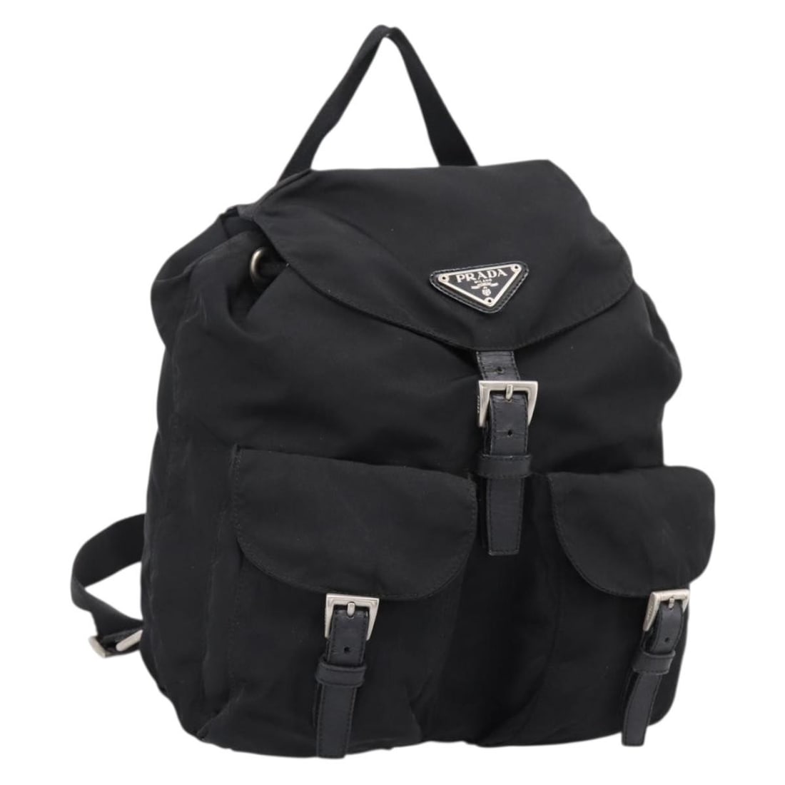 PRADA Black Nylon Backpack Silver Tone Italy Made: PRADA Black Nylon Backpack Silver Tone Italy Made Authentic Prada women's backpack in black nylon with silver-tone accents, made in Italy. This heavily used bag shows noticeable wear throughout, inclu