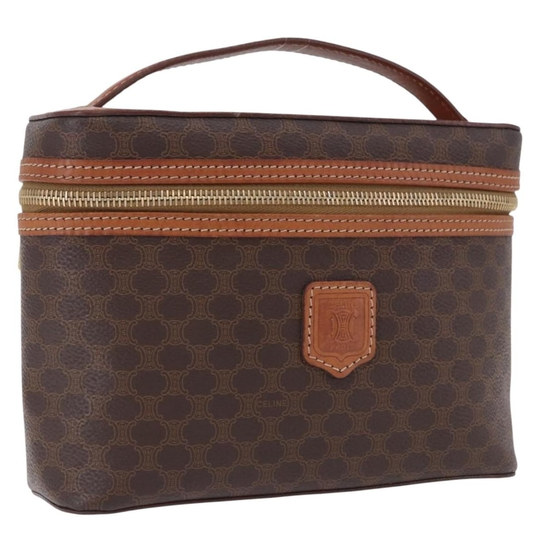 CELINE Macadam Vanity Pouch Brown PVC Leather Gold Tone: CELINE Macadam Vanity Pouch Brown PVC Leather Gold Tone Celine Macadam canvas vanity pouch in brown with gold-tone accents, crafted from PVC leather. Made in Italy, this women's pouch shows heavy use 