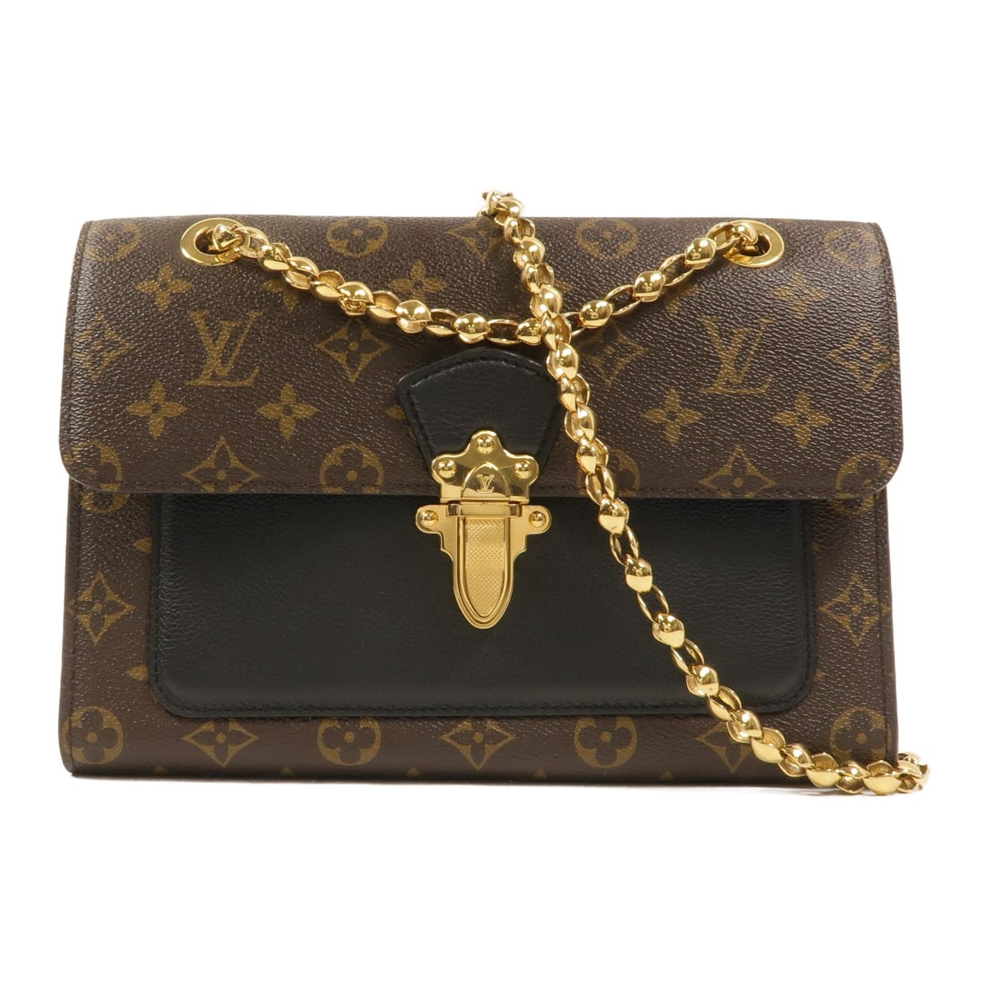 Louis Vuitton Victoire M41730 Monogram Chain Shoulder Bag Brown Black: Louis Vuitton Victoire M41730 Monogram Chain Shoulder Bag Brown Black Louis Vuitton Victoire chain shoulder bag in Monogram PVC coated canvas with a brown and black colorway. This women's shoulder bag