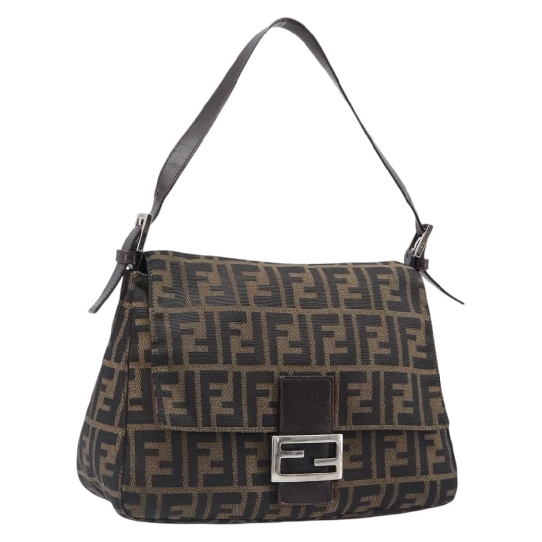 FENDI Mamma Baguette Shoulder Bag in Brown Black Zucca Canvas: FENDI Mamma Baguette Shoulder Bag in Brown Black Zucca Canvas Authentic Fendi Mamma Baguette shoulder bag in brown and black Zucca canvas. Made in Italy, this women's shoulder bag features a compact s