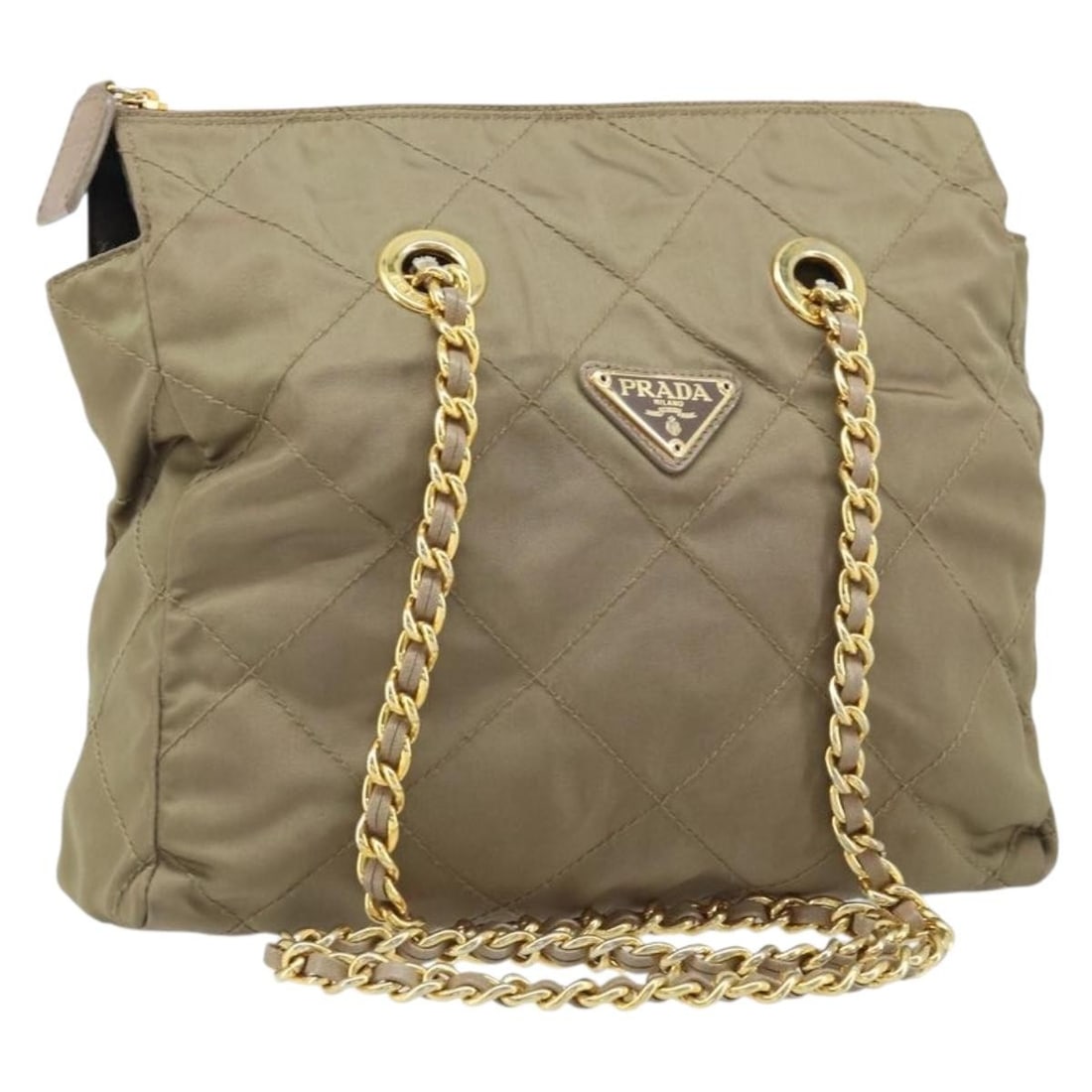 PRADA Beige Nylon Shoulder Bag with Gold Chain Strap: PRADA Beige Nylon Shoulder Bag with Gold Chain Strap Prada chain shoulder bag in beige nylon with gold-tone accents, made in Italy. This women's shoulder bag has a vintage look and shows heavy use, in