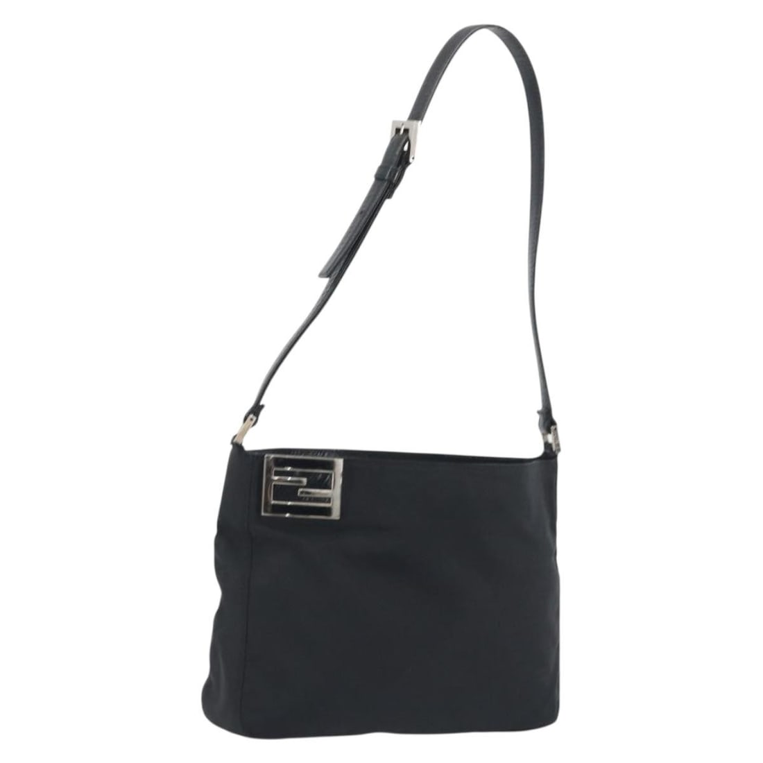 FENDI Black Nylon Shoulder Bag Silver Tone 195365A: FENDI Black Nylon Shoulder Bag Silver Tone 195365A Authentic FENDI shoulder bag in black and silver nylon. This women's bag is made in Italy and features a compact silhouette with an adjustable should
