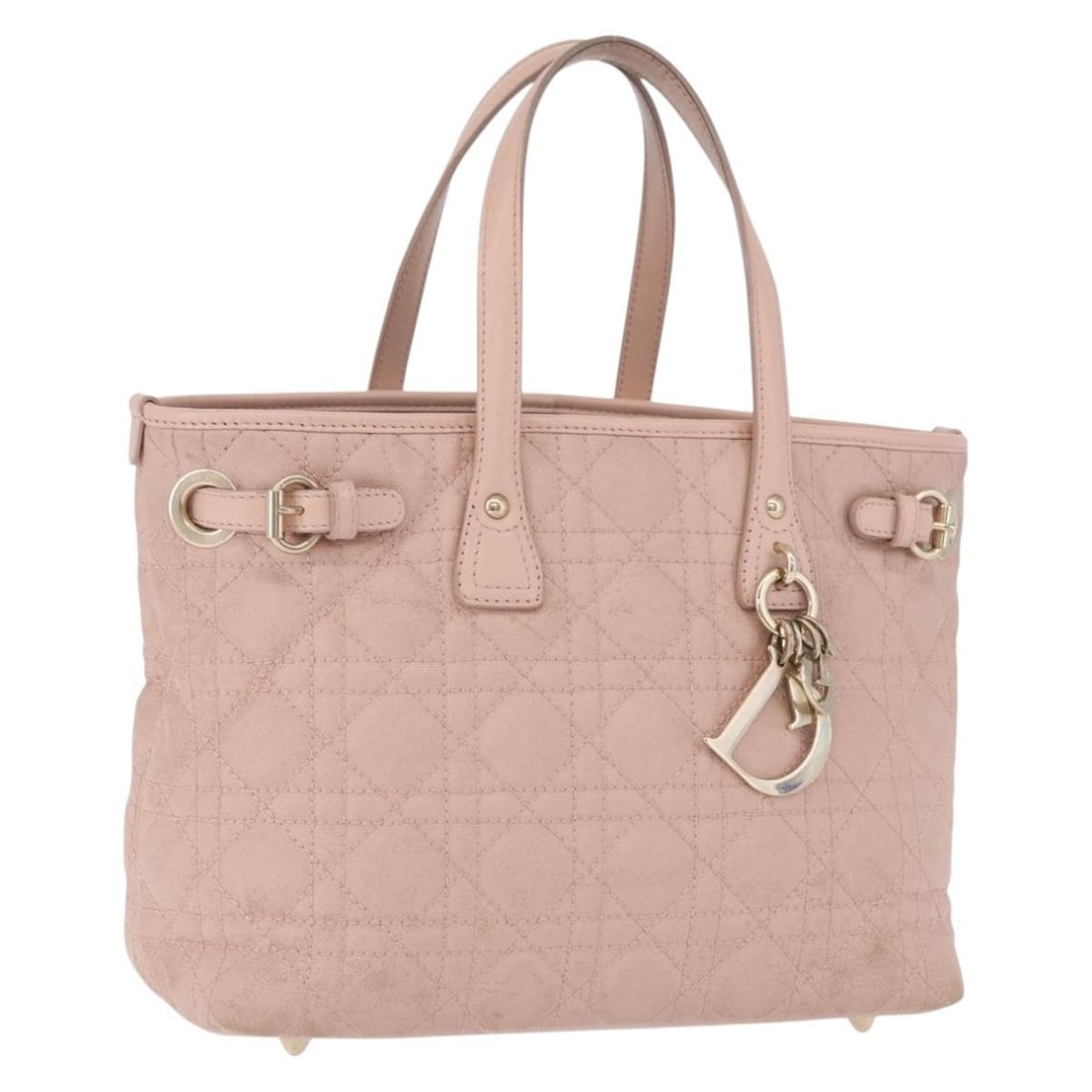 Christian Dior Cannage coated canvas handbag pink with dust bag charm: Christian Dior Cannage coated canvas handbag pink with dust bag charm Christian Dior Cannage handbag in pink coated canvas with gold-tone accents. This women's bag includes a dust bag, guarantee card,
