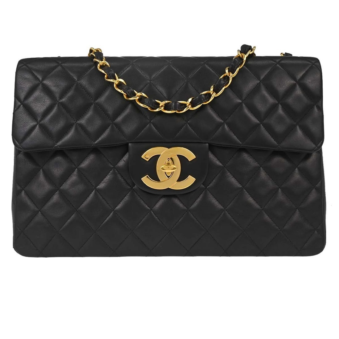 CHANEL Double Chain Shoulder Bag Black Lambskin Classic Flap Maxi: CHANEL Double Chain Shoulder Bag Black Lambskin Classic Flap Maxi Chanel Maxi Classic Flap shoulder bag in black lambskin leather with matelasse quilting and a turn-lock closure. This large shoulder b