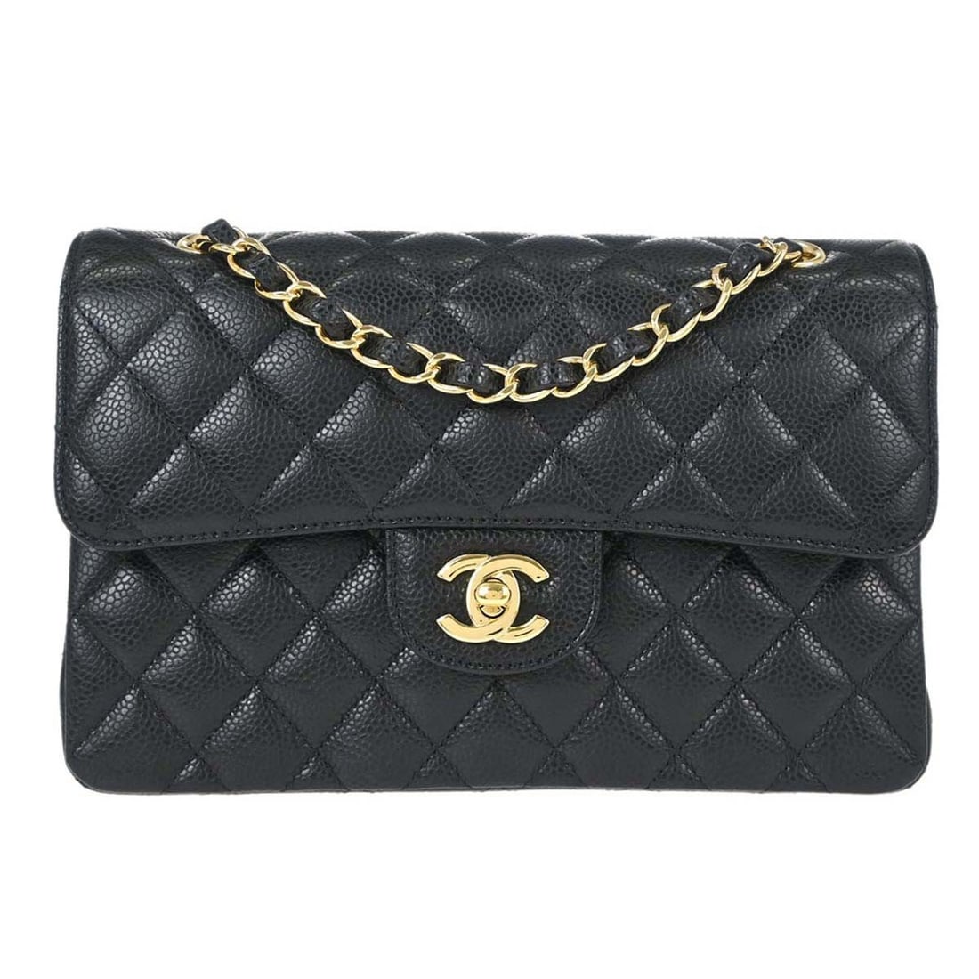 CHANEL Classic Double Flap Small Black Caviar Leather Shoulder Bag: CHANEL Classic Double Flap Small Black Caviar Leather Shoulder Bag Chanel Small Classic Double Flap Shoulder Bag in black caviar skin leather with a matelasse pattern and flap turnlock closure. It fea