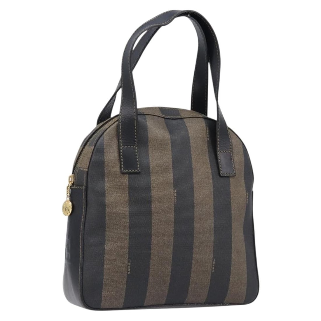 FENDI Pequin Canvas PVC Leather Hand Bag Brown Black: FENDI Pequin Canvas PVC Leather Hand Bag Brown Black Authentic Fendi handbag in brown and black Pequin canvas with PVC leather trim. Made in Italy, this women's bag has a structured everyday silhouett