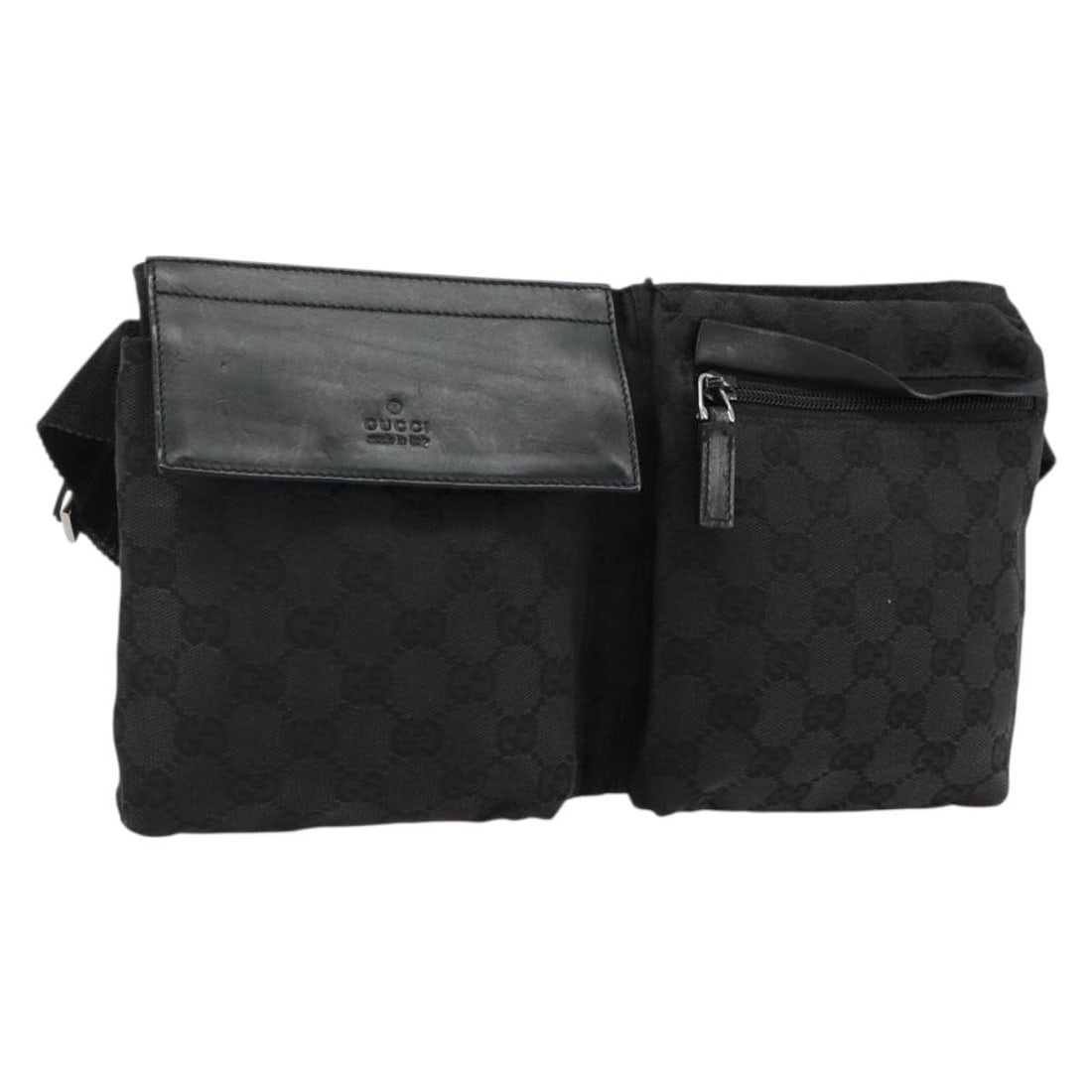 GUCCI 28566 GG Canvas Waist Bag Black Silver Tone: GUCCI 28566 GG Canvas Waist Bag Black Silver Tone Authentic Gucci waist bag in black and silver GG canvas, made in Italy. This women's bag features a compact silhouette with an adjustable waist strap.