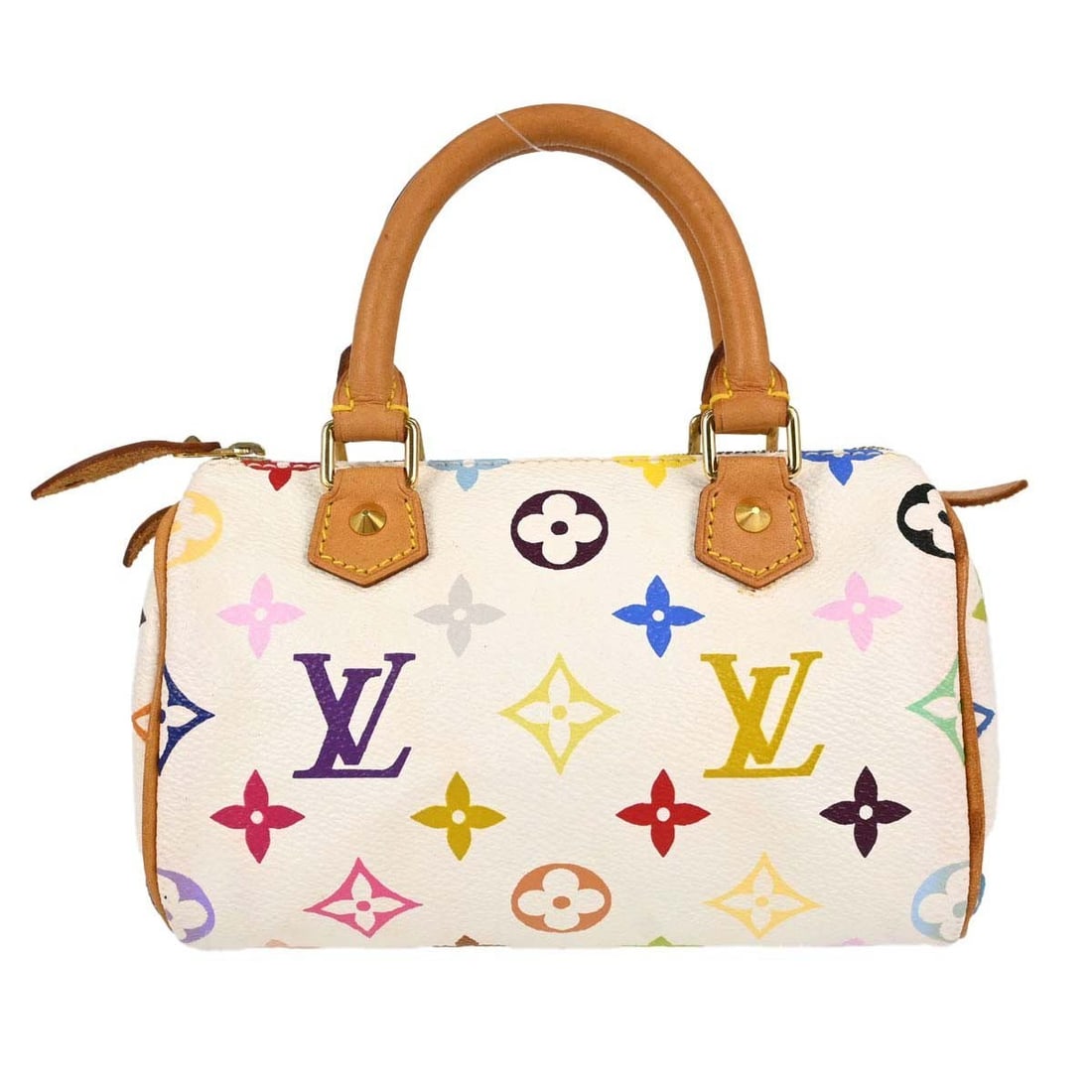 Louis Vuitton Mini Speedy White Monogram Multicolor Handbag M92645: Louis Vuitton Mini Speedy White Monogram Multicolor Handbag M92645 Louis Vuitton Mini Speedy handbag in white Monogram Multicolor canvas with leather trim. This small handbag features double handles, 
