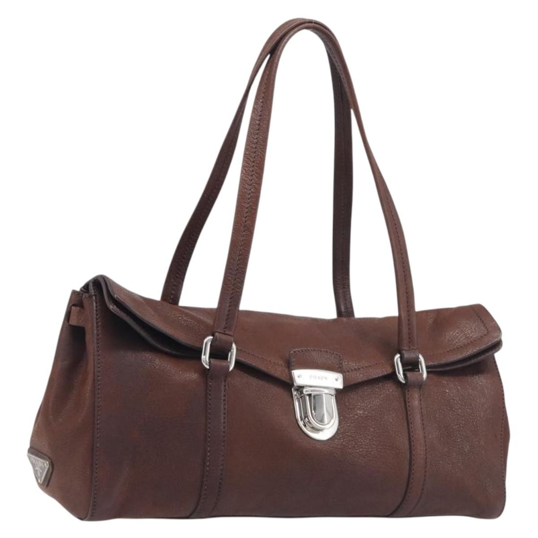 PRADA Brown Leather Shoulder Bag with Dust Bag Guarantee Card: PRADA Brown Leather Shoulder Bag with Dust Bag Guarantee Card Prada women's shoulder bag in brown leather with silver-tone accents. Made in Italy, this bag includes a dust bag and guarantee card. Cond
