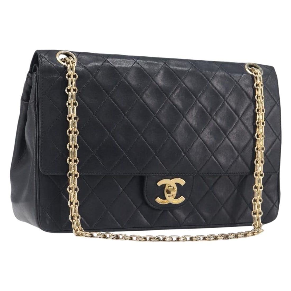 CHANEL Matelasse Lamb Skin Hand Bag Black Gold Chain CC: CHANEL Matelasse Lamb Skin Hand Bag Black Gold Chain CC Classic CHANEL Matelasse chain hand bag crafted in black lamb skin with gold-tone CC detailing. Made in France, this women's handbag features a 