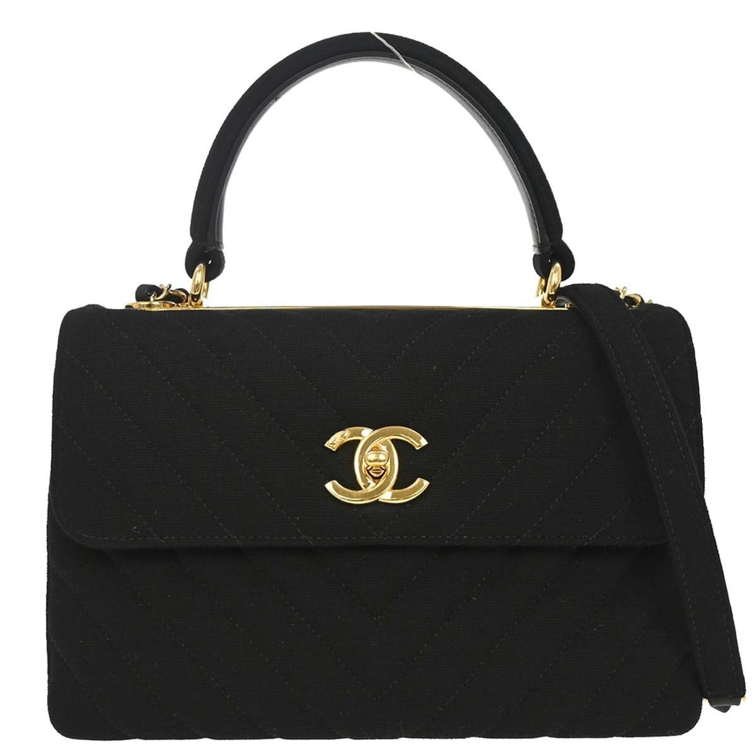 CHANEL Trendy CC black jersey top handle shoulder bag: CHANEL Trendy CC black jersey top handle shoulder bag Chanel Trendy CC top handle handbag in black jersey with a turn-lock closure and 2-way carry design. This medium bag features one exterior pocket 