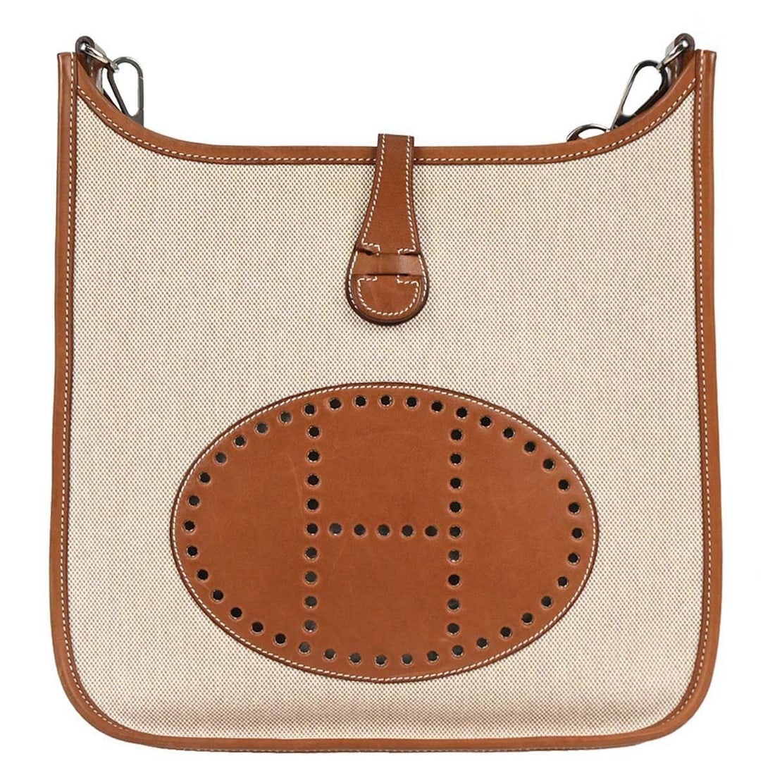 Hermes Evelyne Gen II PM Shoulder Bag Toile H Barenia Natural: Hermes Evelyne Gen II PM Shoulder Bag Toile H Barenia Natural Hermes Evelyne Gen II PM shoulder bag in Natural Toile H and Barenia, featuring a snap closure, detachable strap, and logo accent. It is d