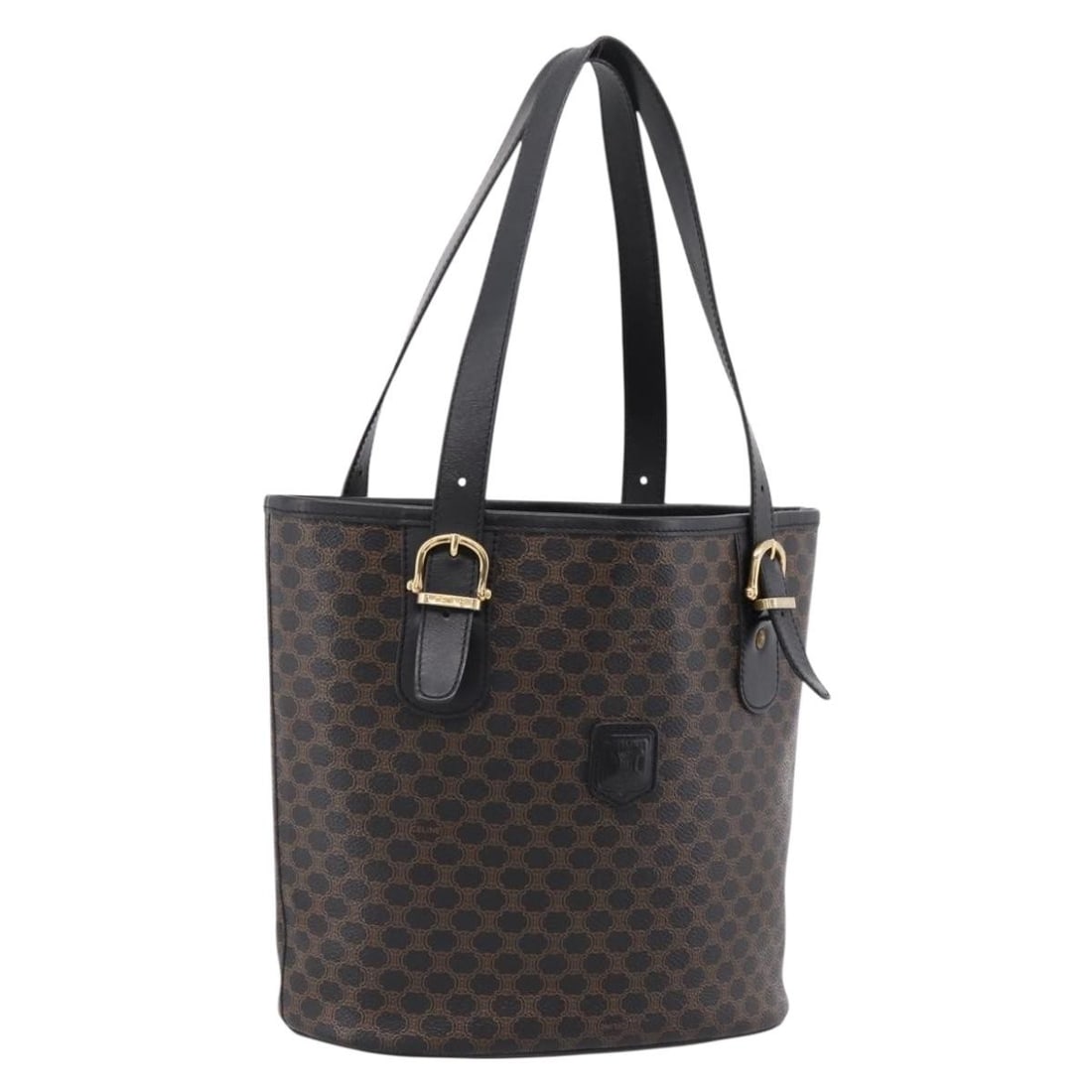 CELINE Macadam Tote Bag Black PVC Leather Gold Tone: CELINE Macadam Tote Bag Black PVC Leather Gold Tone CELINE Macadam canvas tote bag crafted in PVC leather with a black and gold colorway. Made in Italy, this women's tote features a compact silhouette