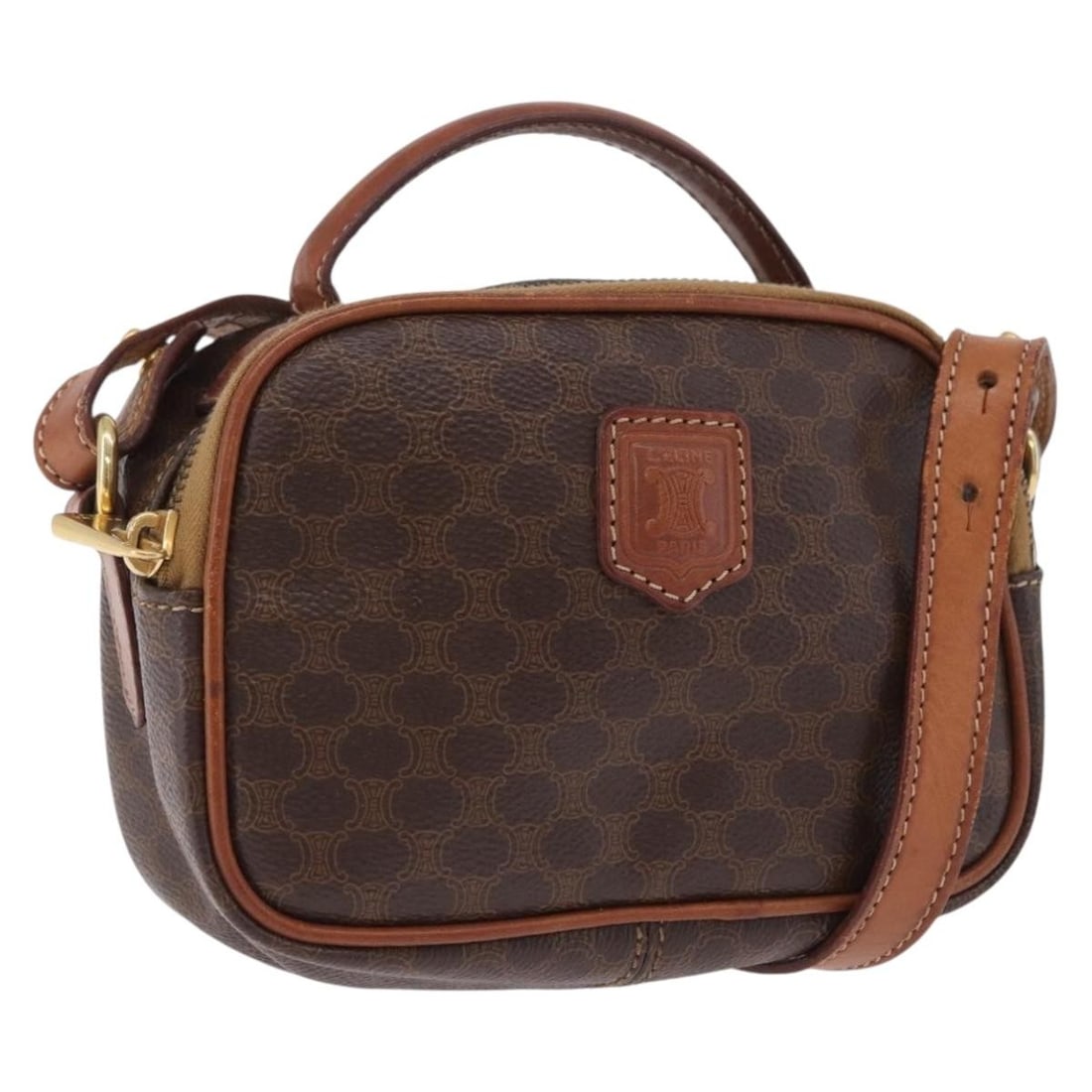 CELINE Macadam 2way Hand Bag Brown PVC Leather Shoulder Strap: CELINE Macadam 2way Hand Bag Brown PVC Leather Shoulder Strap Compact CELINE 2-way hand bag in brown Macadam canvas with PVC leather trim and gold-tone accents. Made in Italy, this women's bag include