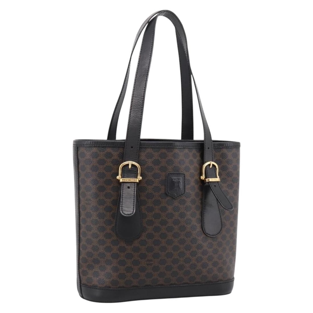 CELINE Macadam PVC Leather Tote Handbag Black Gold Tone Italy: CELINE Macadam PVC Leather Tote Handbag Black Gold Tone Italy Authentic CELINE Macadam tote bag crafted in PVC leather and Macadam canvas with a black exterior and gold tone accents. This women's tote