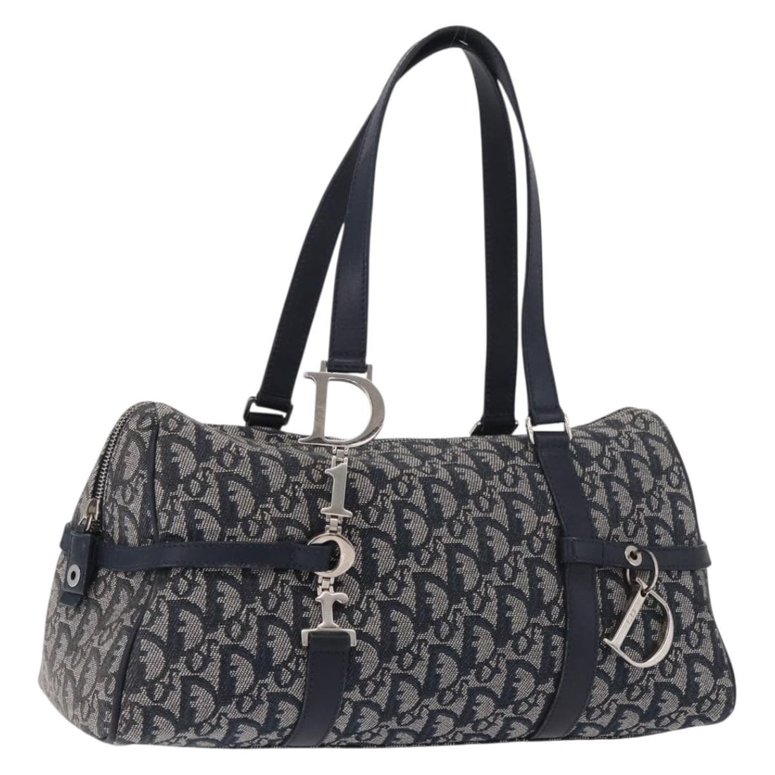 Christian Dior Trotter Canvas Hand Bag Navy Silver Dust Bag: Christian Dior Trotter Canvas Hand Bag Navy Silver Dust Bag Christian Dior handbag in navy and silver Trotter canvas, made in Italy. Includes a dust bag. Condition is heavily used, with shape loss, ru