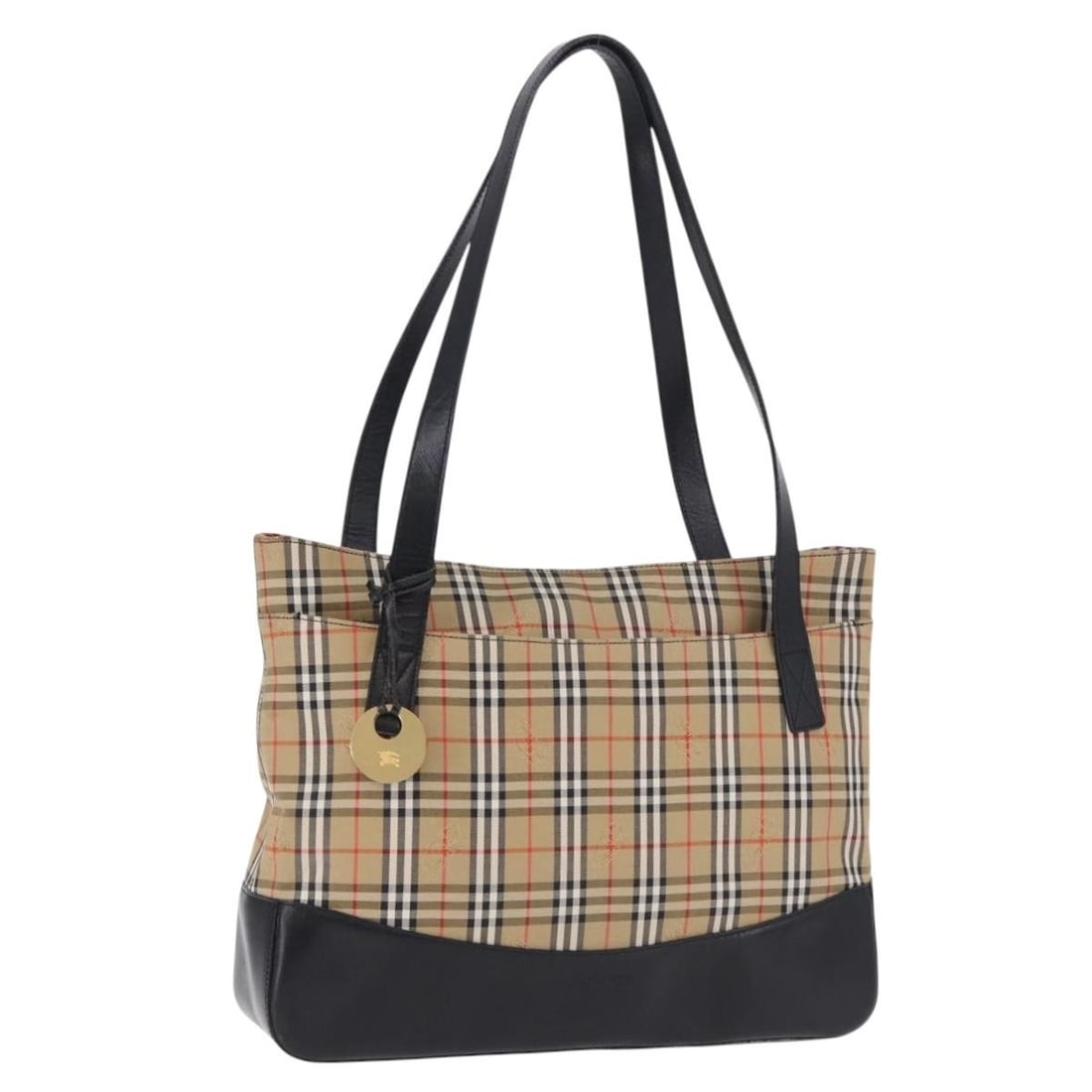 Burberrys beige canvas tote handbag with Nova Check: Burberrys beige canvas tote handbag with Nova Check Burberrys tote bag in beige and gold canvas with a Nova Check design. This women's bag is heavily used and shows visible wear throughout, including 
