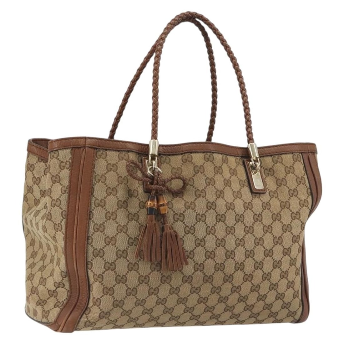 Gucci 269945 GG Canvas Tote in Beige Gold: Gucci 269945 GG Canvas Tote in Beige Gold Gucci tote bag in beige and gold GG canvas with double handles and an open interior. This heavily used bag shows visible wear throughout, including loss of sh