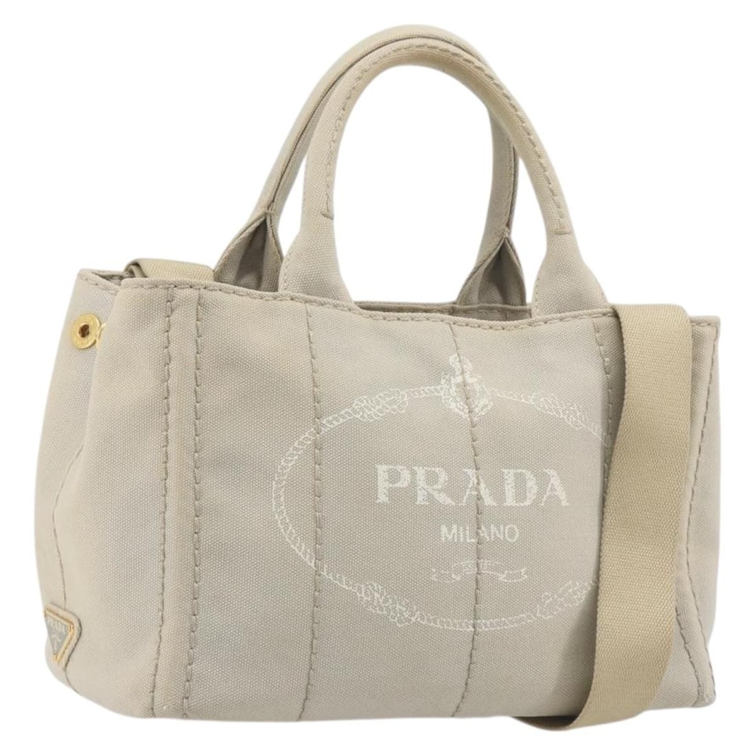 PRADA Canapa PM Canvas 2way Hand Bag Gray with Shoulder Strap: PRADA Canapa PM Canvas 2way Hand Bag Gray with Shoulder Strap Prada Canapa PM 2-way handbag in gray and gold canvas with top handles and a removable shoulder strap. Made in Italy, this women's handbag