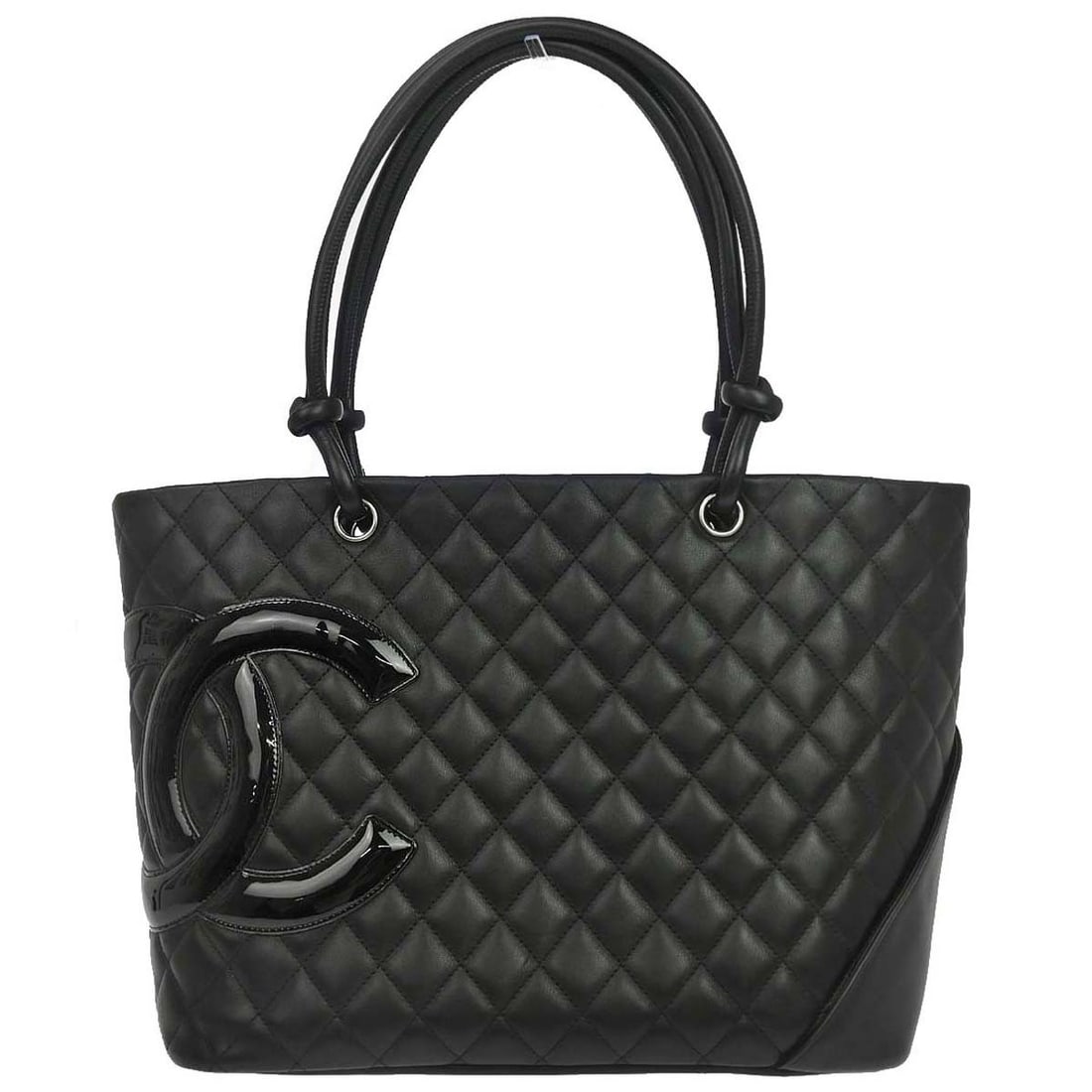 CHANEL Cambon Ligne black calfskin tote handbag: CHANEL Cambon Ligne black calfskin tote handbag Chanel Cambon Ligne tote handbag in black calfskin leather with quilted logo accents and patent leather trim. This medium tote features double handles, 